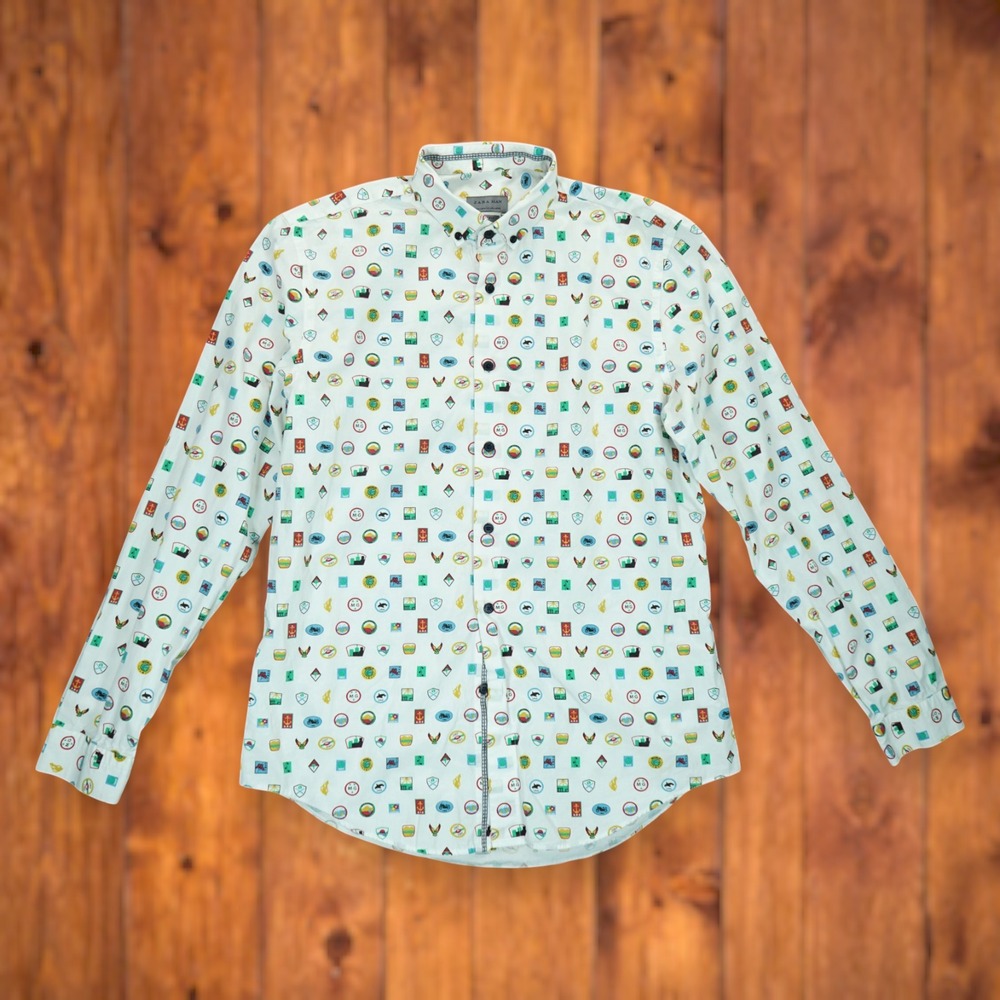 Zara Man Shirt Slim Fit Long Sleeve Size Large ~ All Over Print ~ Made in Spain
